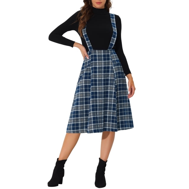 Falda de tirantes de tartán para mujer Inspire Chic, vintage, de cintura alta, estilo A-line, midi, vestido overall XL azul oscuro