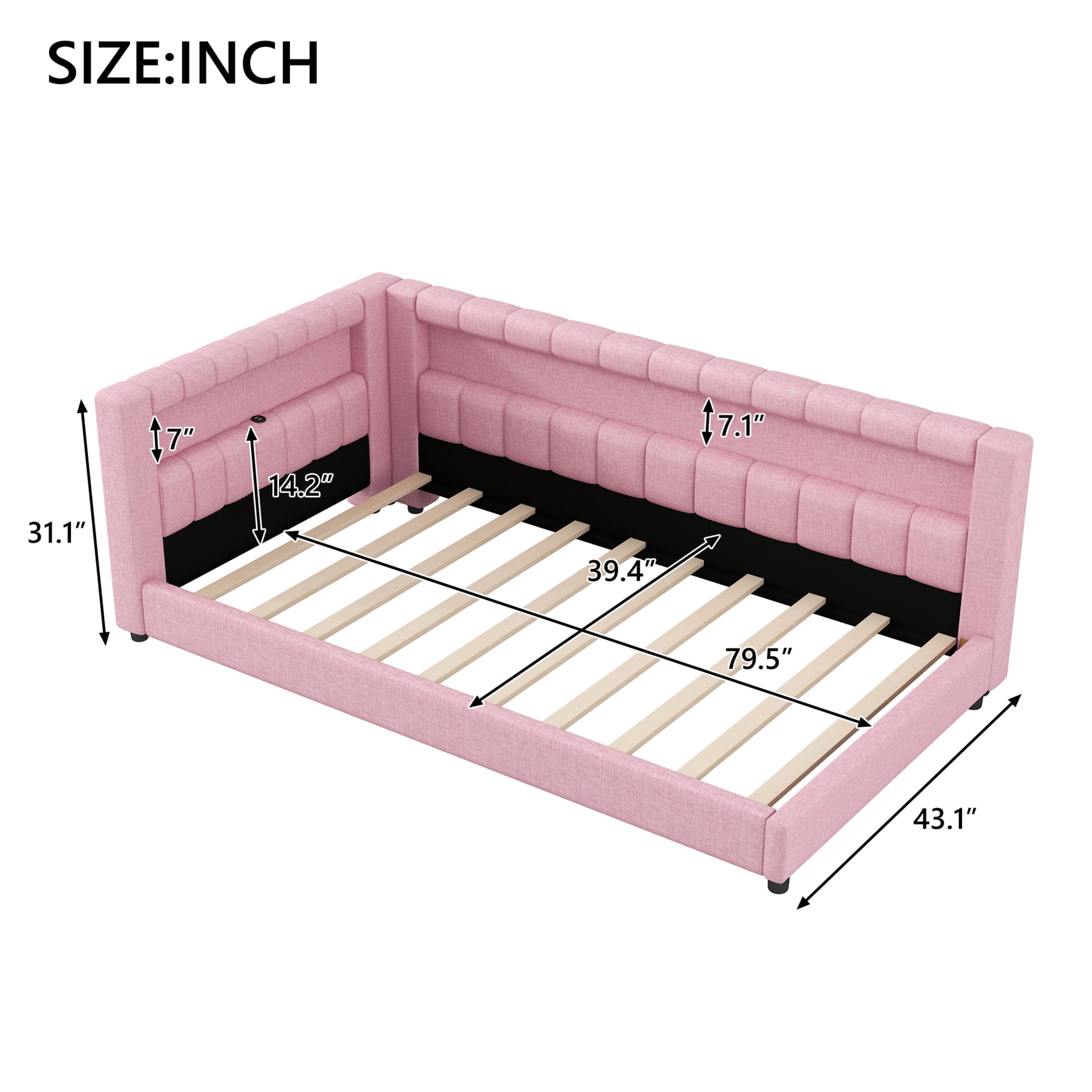 Noble House Dexter Twin XL Linen Upholstered Platform Bed with LED Light Belt and USB Ports, Wood Frame, Pink