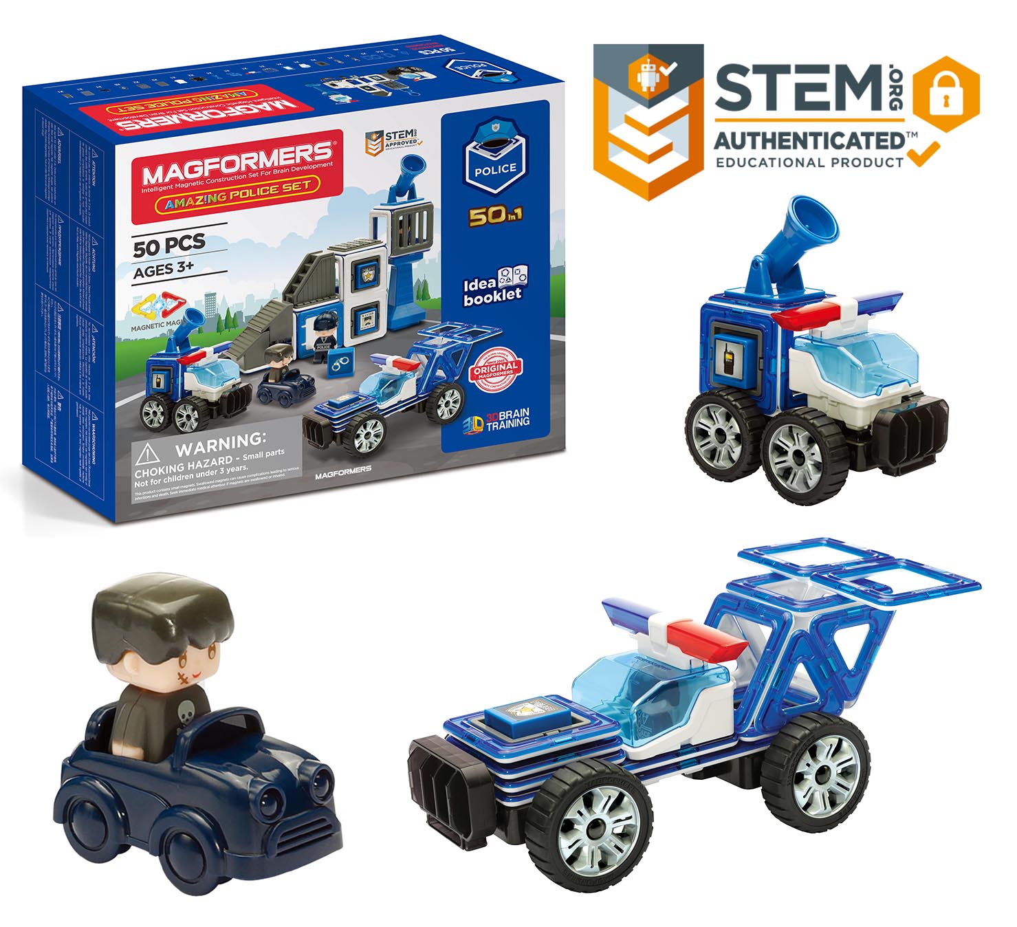 Magformers Amazing Police 50 Pieces, Wheels, Blue red colors, Magnetic Geometric tiles STEM Toy Ages 3+ - image 3 of 5
