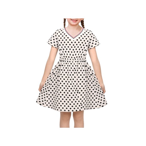Sunny Fashion Girls Polka Dot Dresses Short Sleeve V-Neck Knee Length White With Black Dots Retro Casual Summer Daily 5 Years