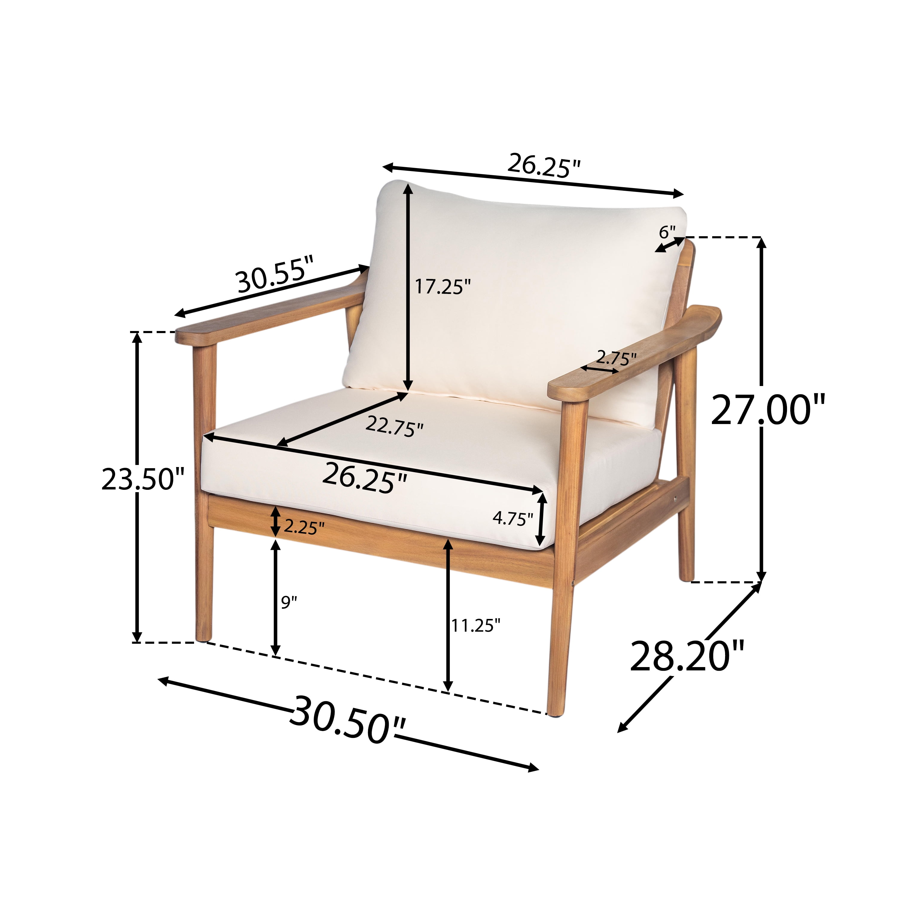 Mid-Century Lounge Chair, 30.5 Inch Outdoor Chair with Cushions for Patio Garden, Teak and Cream