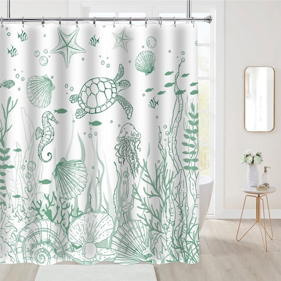 ABDFHE-Nautical Coastal Turtle Shower Curtain, Coral Starfish Seashell Ocean Themed Bathroom Curtain, Underwater Seahorse Bathroom Decor Blue 72 x 72 inch