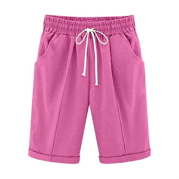 Tii.MM Bermudas d'Été pour Femmes Décontractées de Plage Taille Élastique à Cordon Shorts Longs Confortables Longueur Genou Shorts en Coton et Lin avec Poches