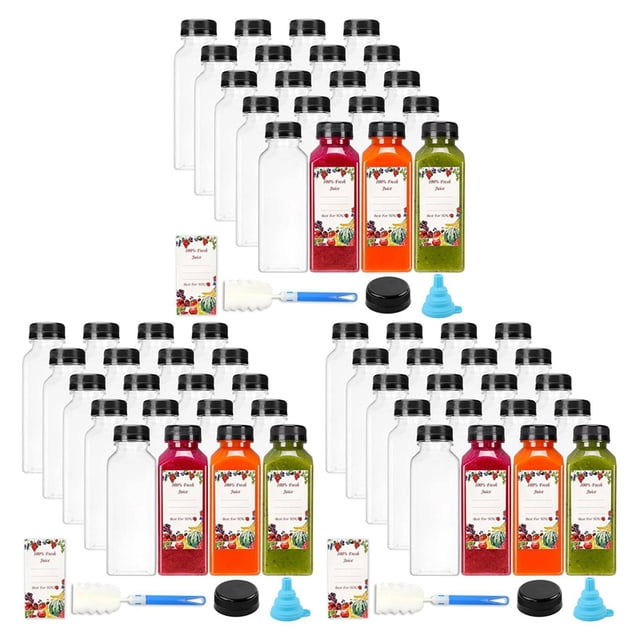 60Pcs 12oz Empty Plastic Juice Bottles with Caps,Reusable Water Bottles, Clear Containers with Black Tamper Evident Lids