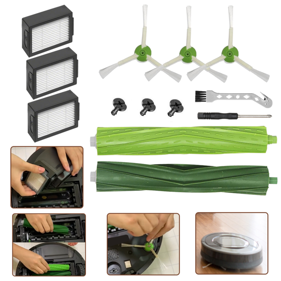 Replenishment Kit parts and accessories for Compatible for with iRobot/Roomba e, i, and j series and i5 and j5 Series vacuum cleaners - 1 Set of Roller brush & 3 HEPA Filters& 3 Side brushes