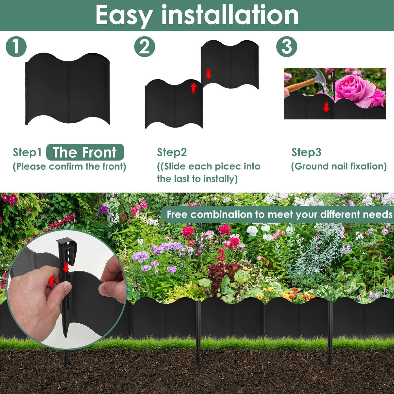 20PCS Lawn Gardens Fence Edgings Kit Easy to Install Versatile Edging Border No Dig Landscape Sturdy Gardens Landscape Edging Borders Stable Interlocking Landscaping Edging for Outdoor