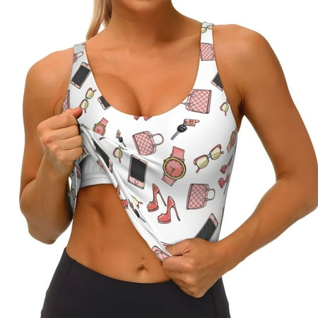 Qokaie Fashion Pattern Womens Scoop Neck Sports Bra Breathable Workout Vest Padded U Back Medium Impact Fitness Gym Yoga Bra Workout Crop Top