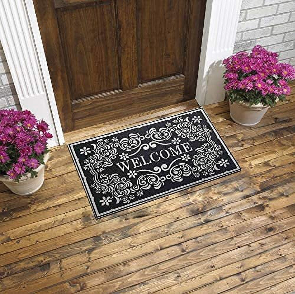 J&V TEXTILES Original Durable Rubber Door Mat, 18x28, Heavy Duty Doormat, Indoor Outdoor, Waterproof, Easy Clean, Low-Profile Mats for Entry, Garage, Patio Baroque Serie VALENTINI Silver