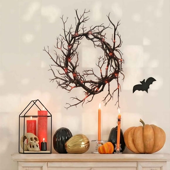 EGNMCR Halloween Wreath for Front Door, 30 Inch Black Artificial Wreath with Lights, Halloween Decorations Pre-Lit Wreaths for Mantel Indoor Outdoor Holiday Party -