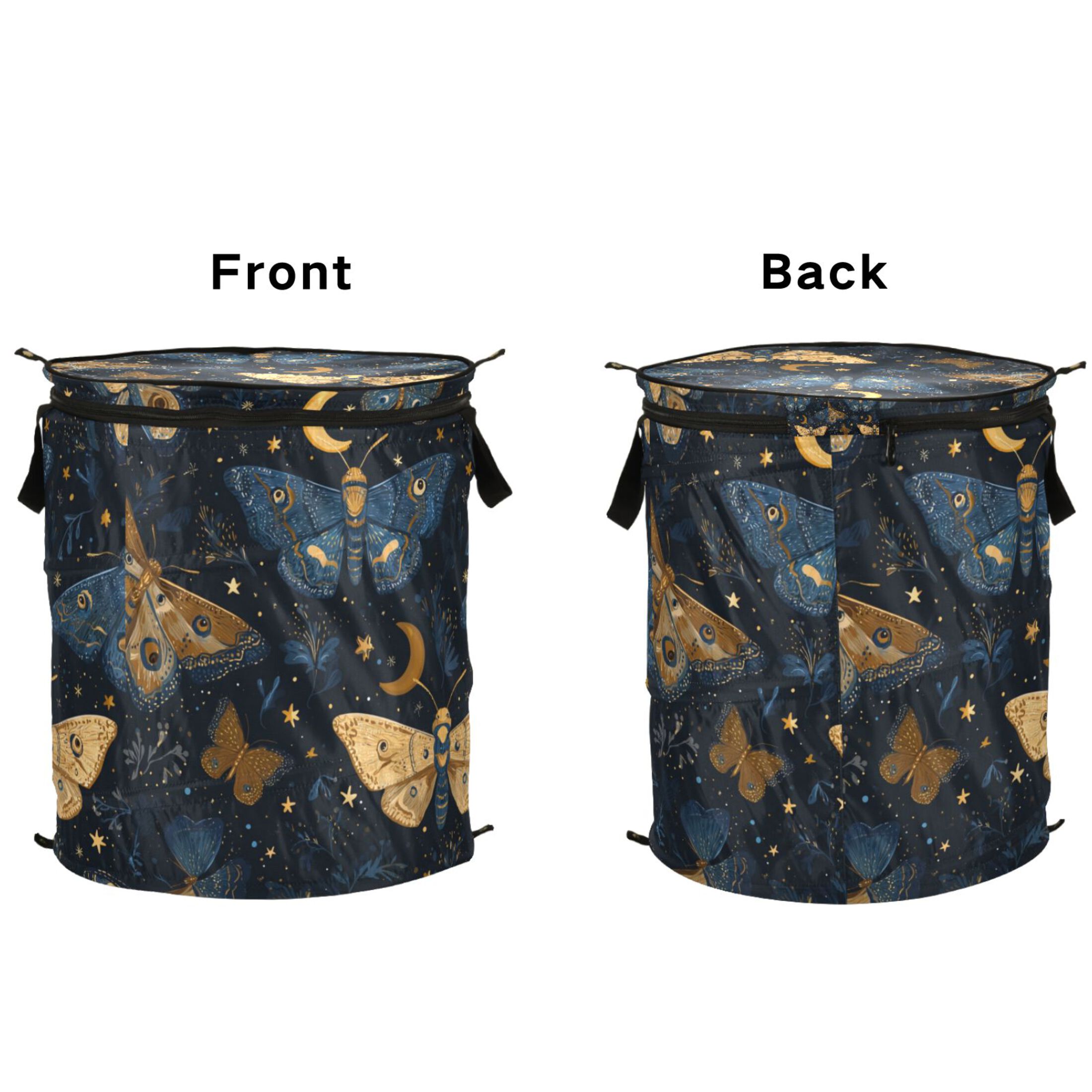 50L Extra Large Popup Hamper Collapsible Laundry Basket With Zippered Lid 15.7x18.5in Butterflies Moon Vector
