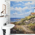 thumbnail image 4 of Lighthouse Sunrise Coast Scenery Pale Blue Tan Waterproof Polyester Quick-Drying Shower Curtain for Bathroom with 12 Hooks, 4 of 8