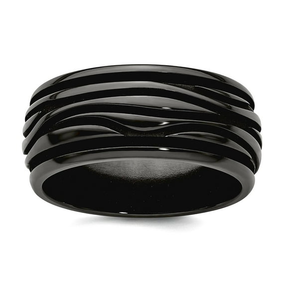 Black Titanium Polished Grooved Waves 10mm Band Size 8.5 Ring for Women and Men - 4.9 Grams