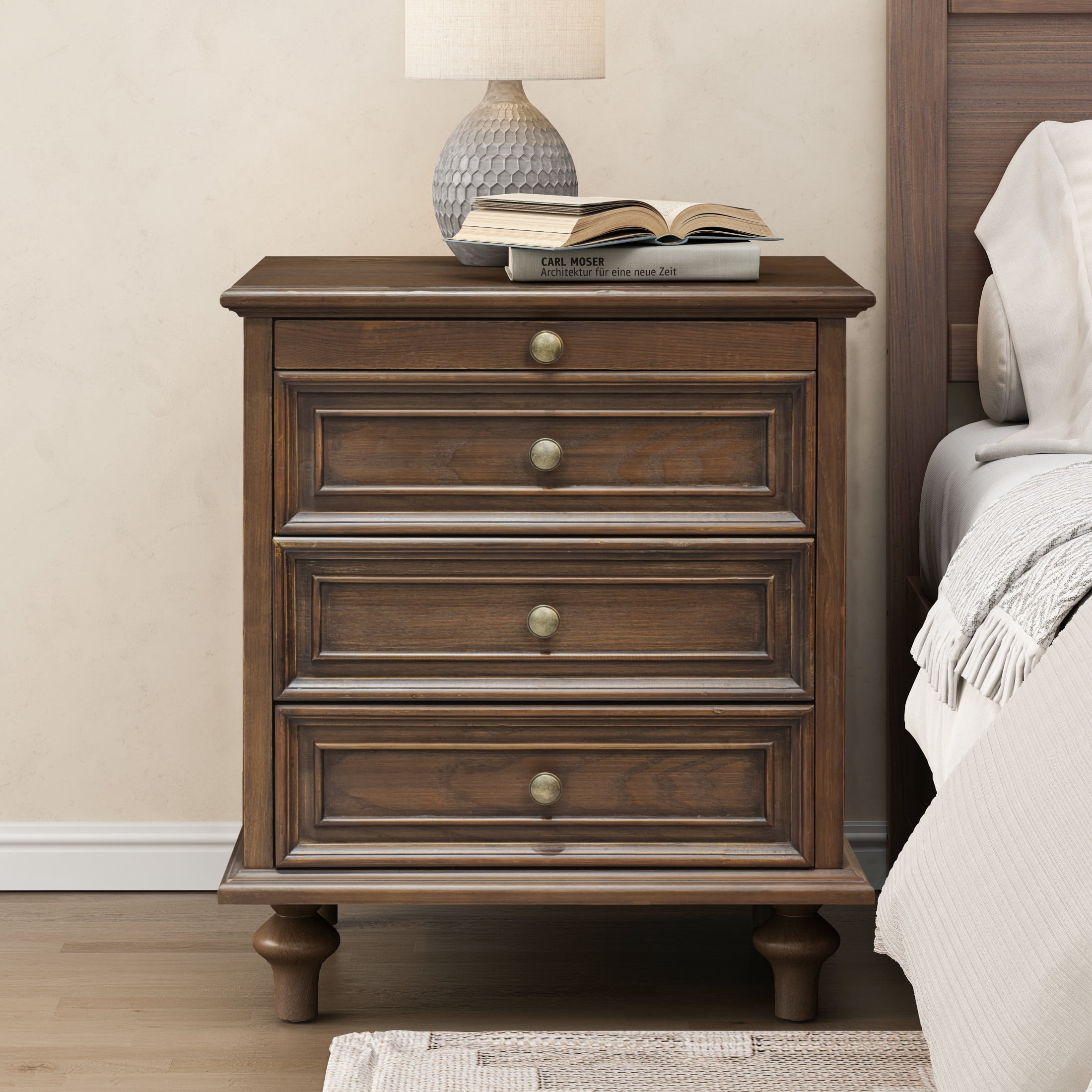 GDF Studio Farmhouse Nightstand with 3 Drawers & Pull-Out Tray, Solid Wood Legs, Walnut Brown