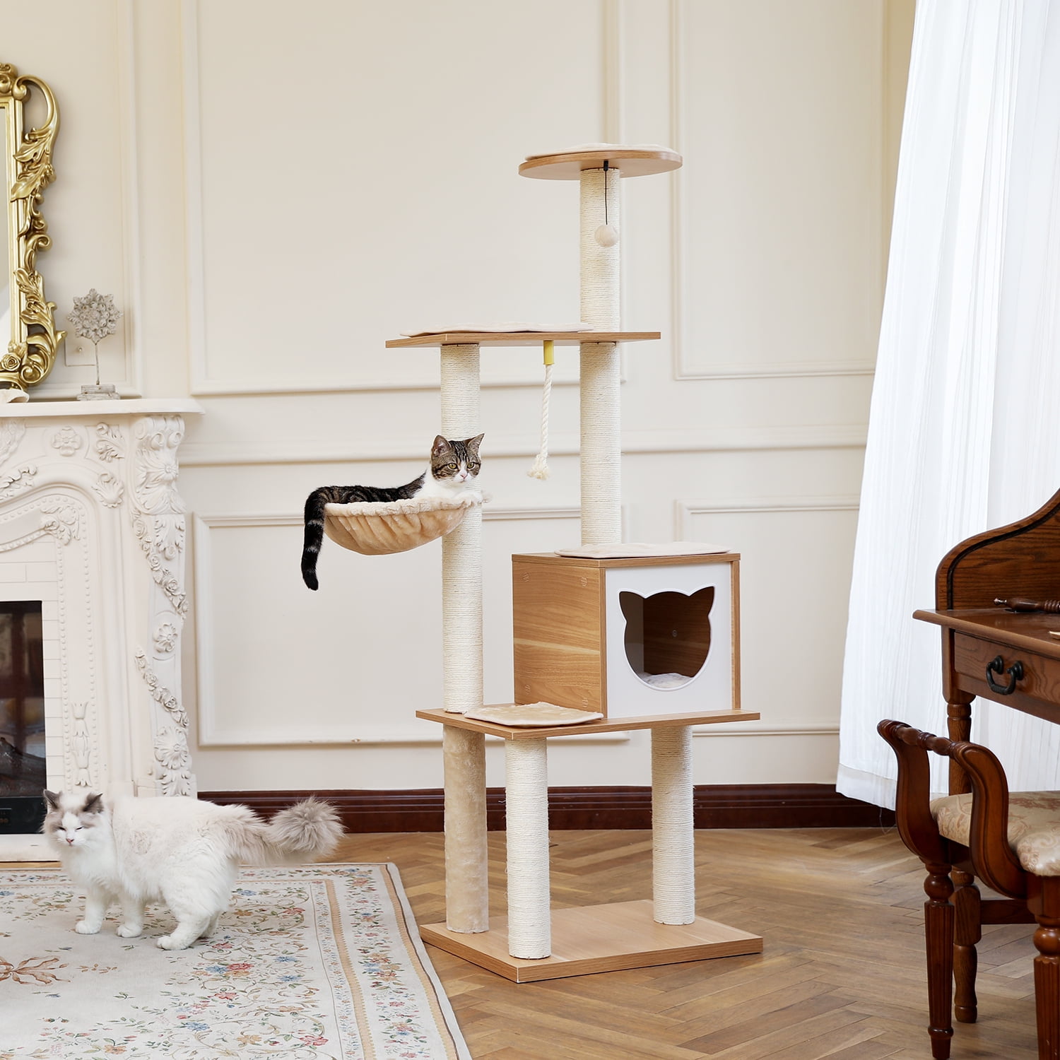 Pefilos 64" Multi-Level Cat Tree Tower for Big Cats, Wood Cat Condo for Indoor Cats with Scratching Posts, Beige Pefilos 64" Multi-Level Cat Tree Tower for Big Cats, Wood Cat Condo for Indoor Cats with Scratching Posts, Beige