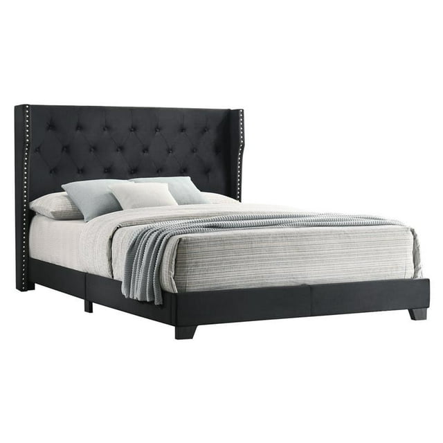 Black Velvet Panel Bed with Tufted Headboard in Queen Size