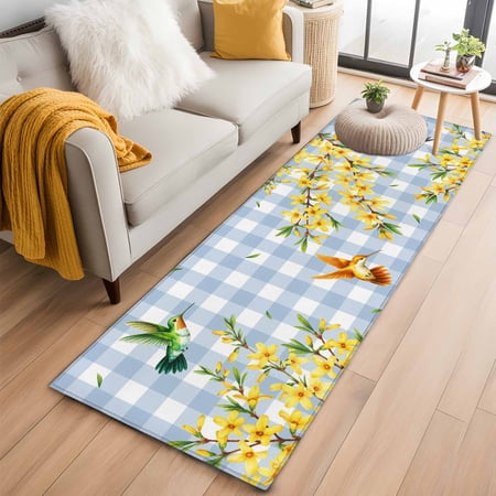 Runner Rug 2 x 6 Ft, Forsythia Flowers Washable Non-Slip Floor Mat for Kitchen Hallway/Entryway, Spring Yellow Floral Hummingbird Blue Plaid Long Kitchen Runner Area Rugs for Living Room, Low-Profile