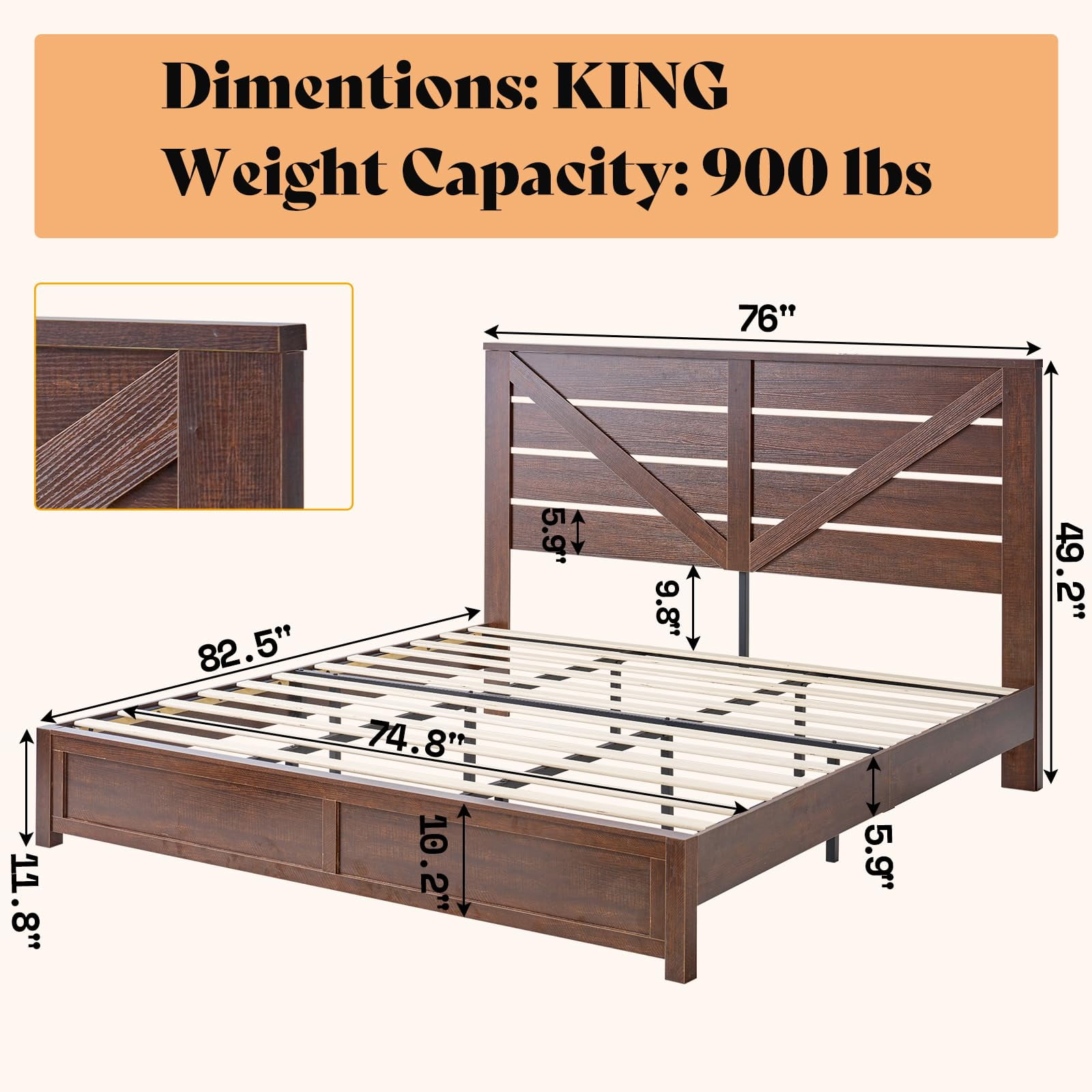 LUXOAK King Size Farmhouse Bed Frame with Rustic Barn Door, Storage Space and Wood Slats, Brown
