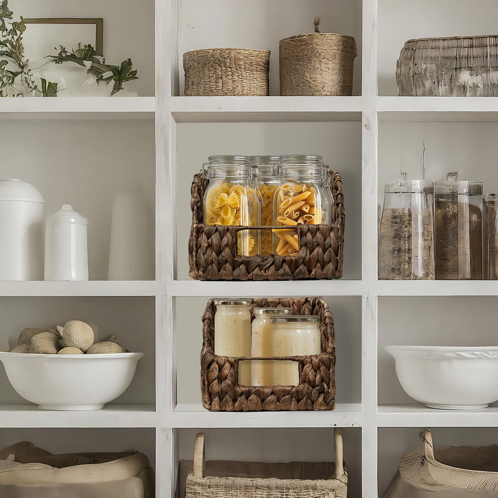 Casafield (Set of 2) Water Hyacinth Pantry Baskets with Handles - Espresso, Medium and Large Size Woven Storage Baskets for Kitchen Shelves