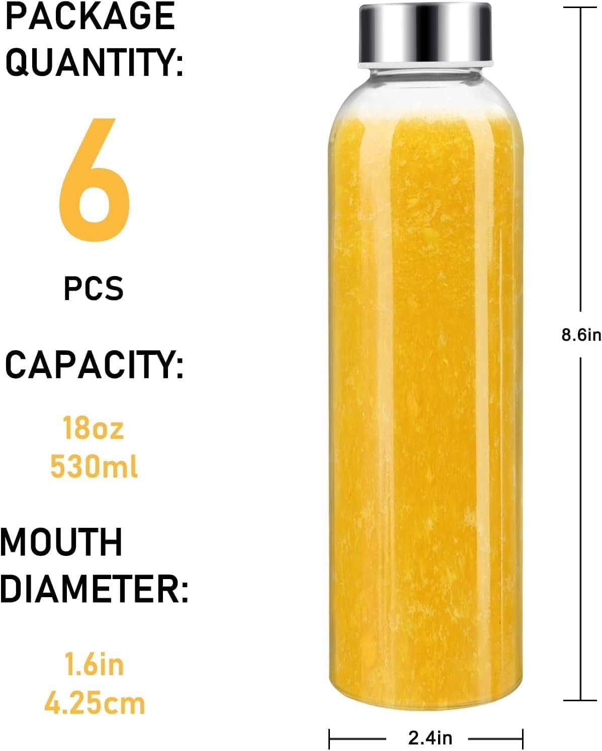 18oz Glass Juice Bottles with Lids Set of 6,Clear Glass Water Bottles,Reusable Drinking Bottles with Stainless Steel Airtight Cap,Storage Containers for Refrigerator-BPA Free,Leak Proof