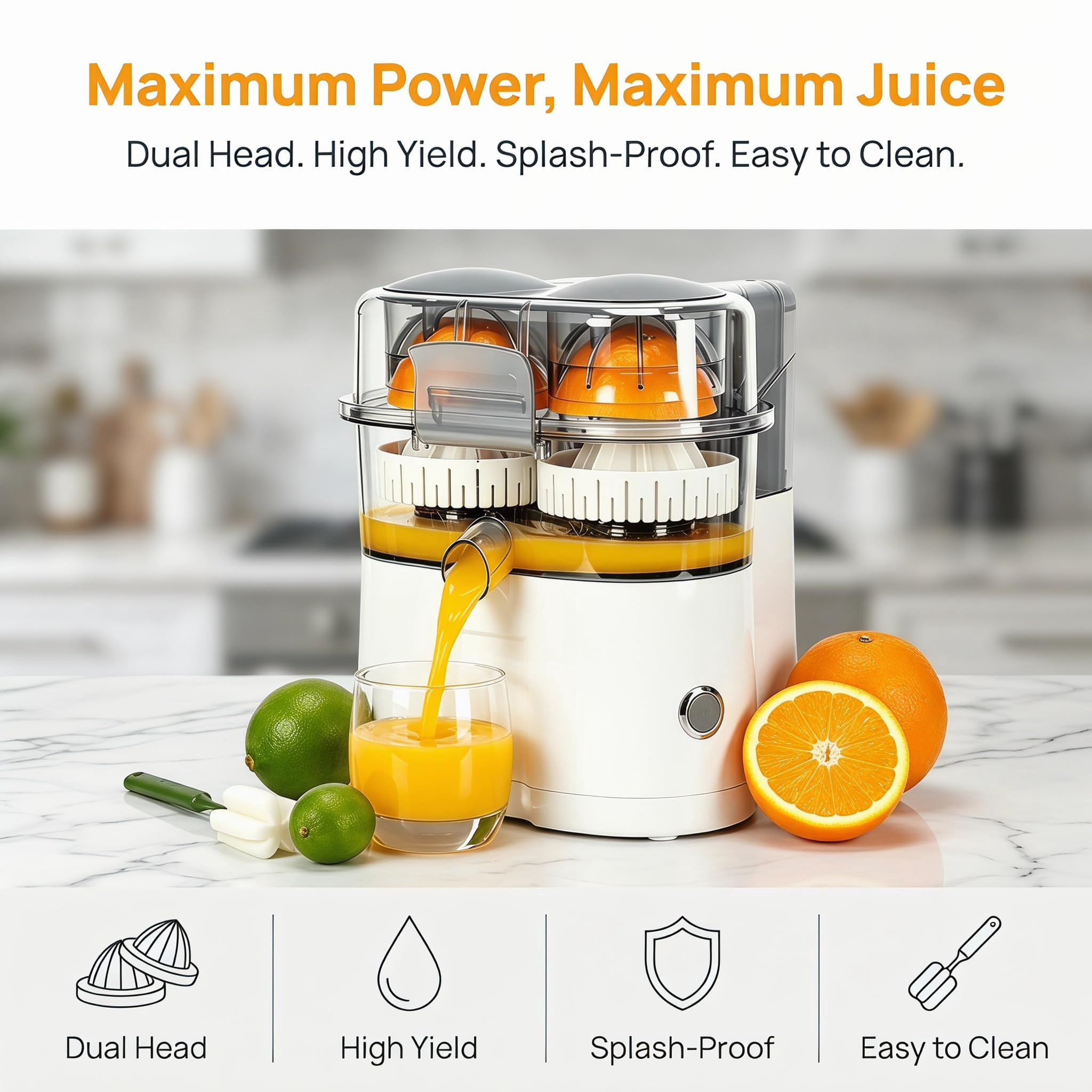 Dual-Head Automatic Citrus Juicer, Electric Orange Lemon Lime Squeezer, 1-Button Juicer Machine with Built-in Cutter, Easy to Clean & Use