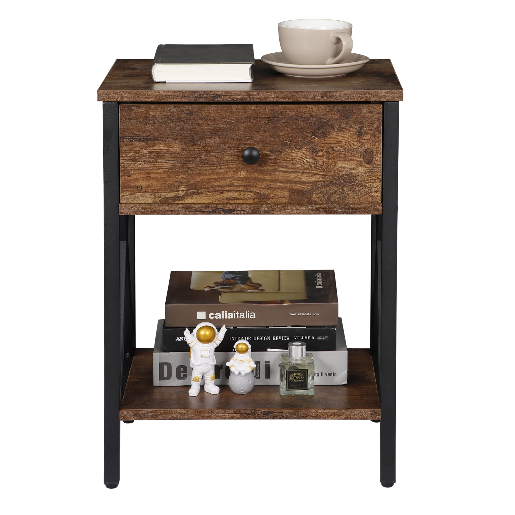 ZENY 2PCS x-Design End Table Metal Frame Storage Organizer Display, Brown