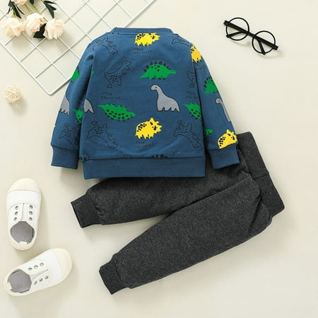 

Yubatuo Toddler Infant Baby Kids Boys Girls Pants Set Long-slevees Shirt + Pants Outfits Outdoors Dinosaur Blue 90
