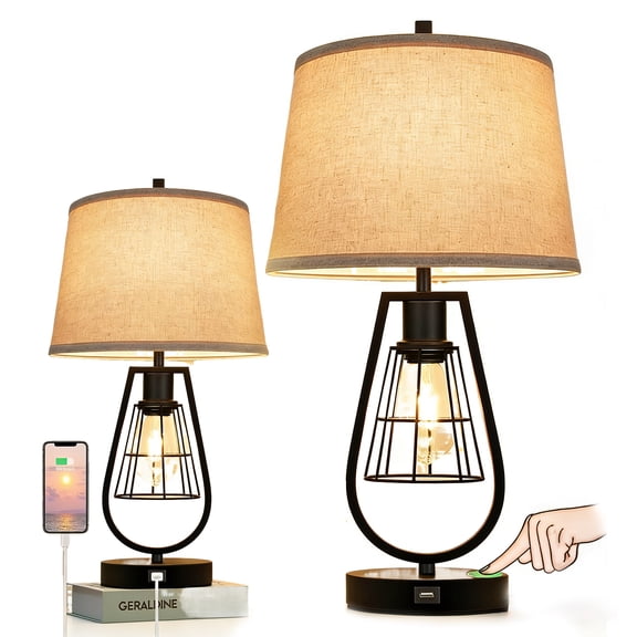 Farmhouse Table Lamp with USB Ports, Night Light, Modern Nightstand Lamp for Bedroom Living Room, Bulbs Included-1pcs