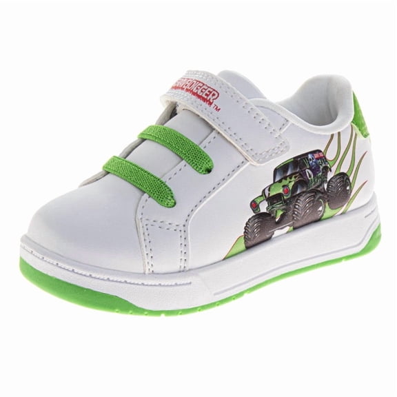 Monster Jam Boys Court Sneakers with Hook and Loop Closure (Little Kid), White Green, Size: 6