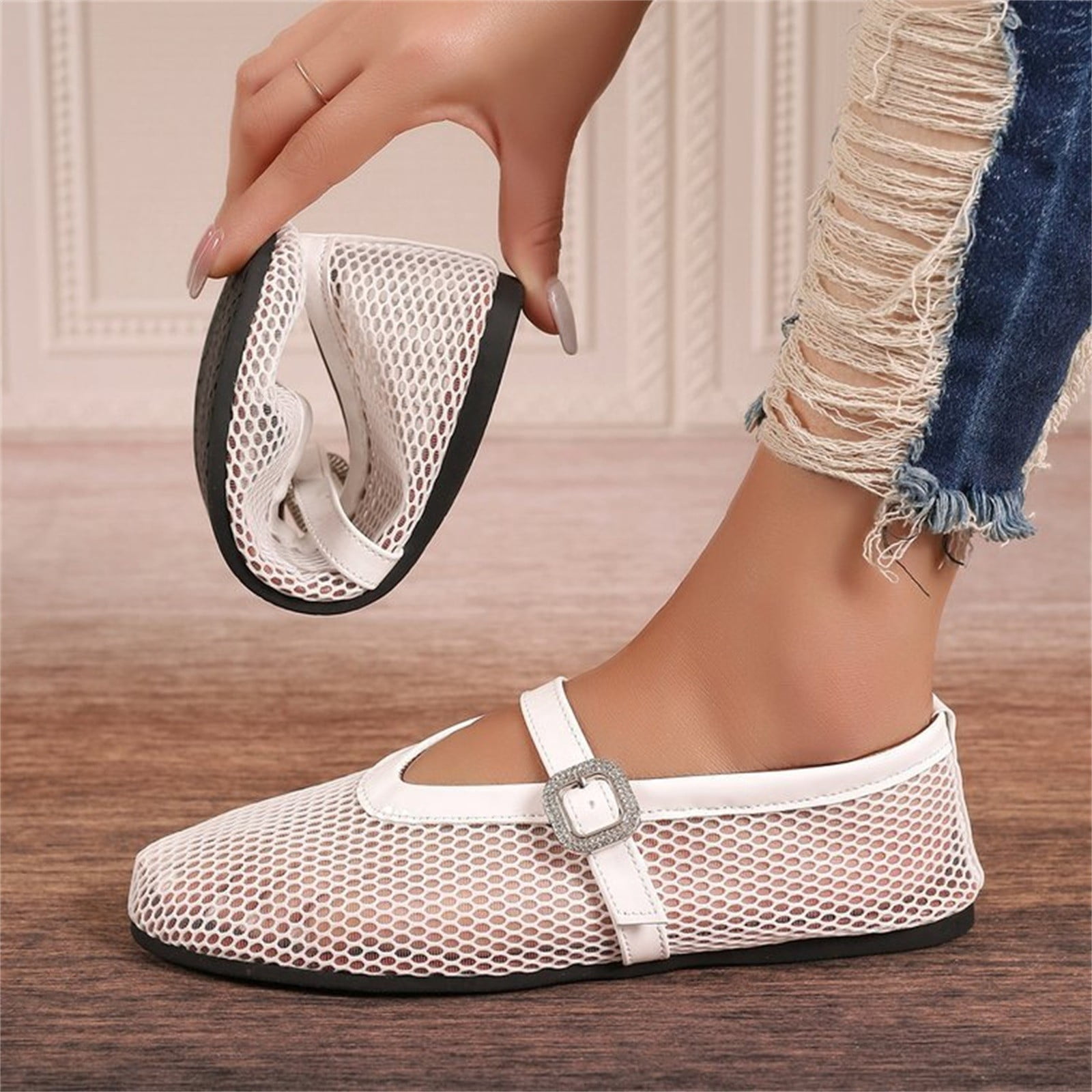 MICIFA Women's Woven Mesh Ballet Flats - Mary Jane Style With Buckle Strap, Round Toe Comfortable Dress Shoes 1 thumbnail image