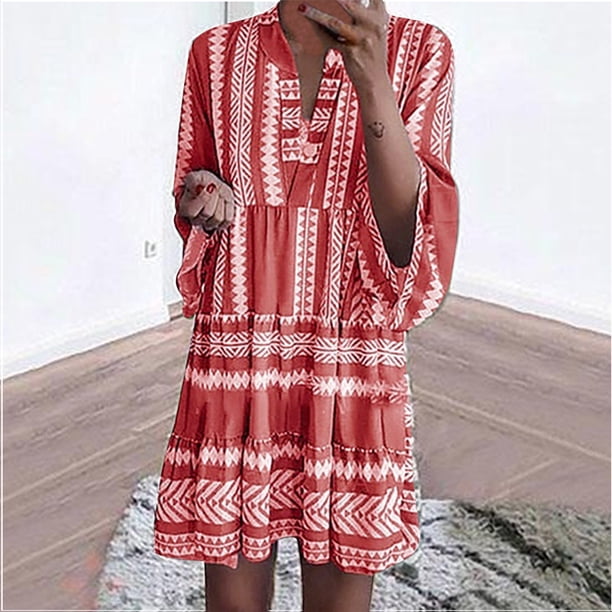 WILLBEST Vestidos Largos Casuales para Mujer, Vestido Camisero con Cuello En V para Mujer, Vestido Mini con Estampado de Vuelo para Vacaciones de Verano de Gran Tamaño Grande