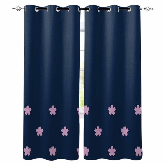 Fsddascl Pink Flower Blackout Curtains for Bedroom/Living Room, Thermal Insulated Kitchen Curtains, Japanese Style Floral Navy Blue Grommet Darkening Window Treatment Drapes 42"x84"x2