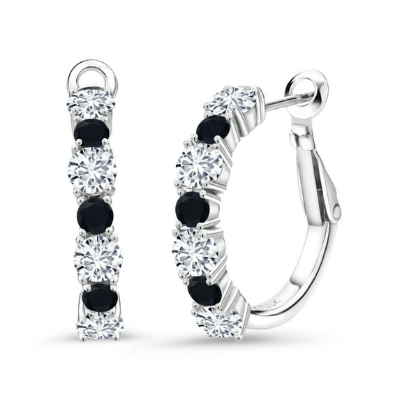 Gem Stone King 925 Sterling Silver White Lab Grown Diamond and Black Onyx Hoop Earrings for Women (2.76 Cttw, Gemstone April Birthstone, Round 4MM and 3MM)