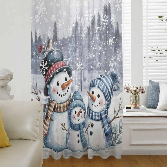Christmas Snowman Semi Sheer Curtains Drapes for Living Room, Bedroom, French Doors Window 96 Inches Long, Xmas Snowflake Tree Rod Pocket Chiffon Curtain Drapery Voile Draperies Panel