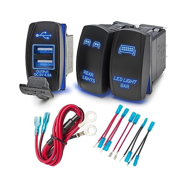 0829 LED Rocker Switch, 3 Pack 12A/20A 24V/10A LED Light Bar & Rear Light & 4.2A Dual USB Car Charger Port with Jumper Wire for Marine Toggle Switch Panel on ATV UTV Boat Polaris Can-Am Blue