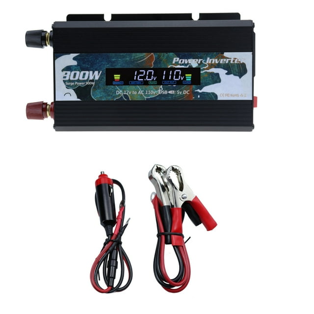 Inversor de Corriente de Onda Sinusoidal Pura de 300 W, de 12 V a 110 V, con Adaptador para Enchufe de Coche, Puertos de Carga Usb de 2 a y 2 Pinzas para Batería con Pantalla Led.