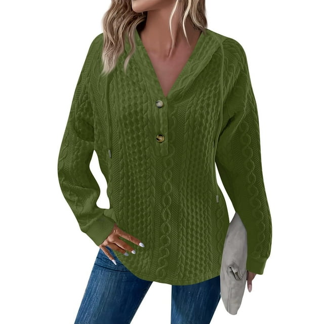 Women's 2025 Fall Fashion Oversized Button V-Neck Hoodie, Casual Drawstring Hooded Knit Sweatshirt with Cable Ribbed Design, Soft Breathable Long Sleeve Pullover for Daily Wear Green XL