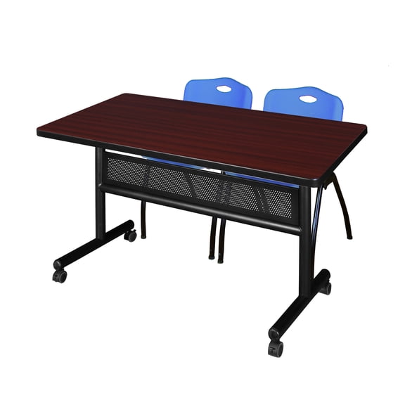 48" x 30" Flip Top Mobile Training Table with Modesty Panel- Mahogany and 2 "M" Stack Chairs- Blue