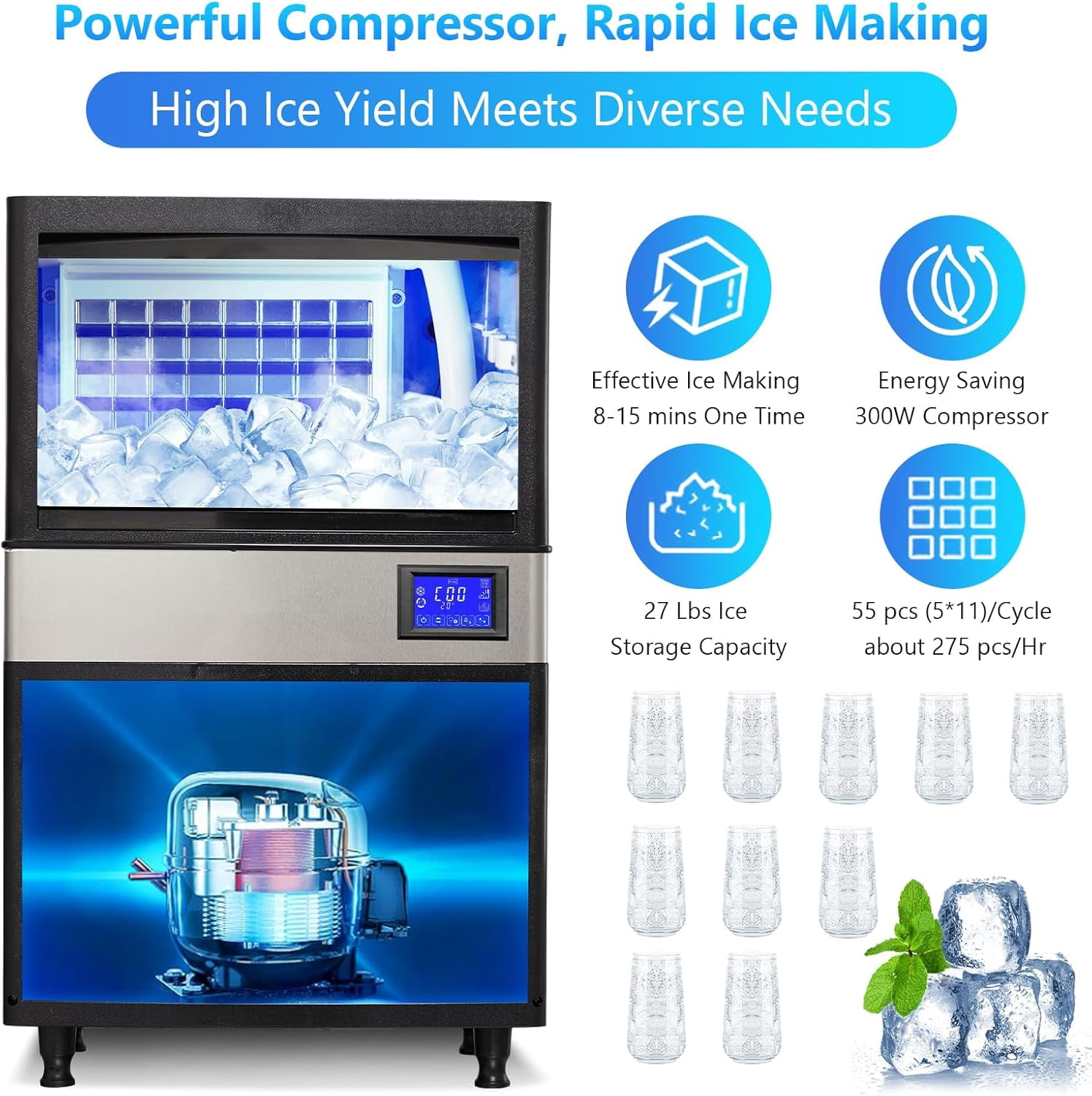 Commercial Ice Maker Machine 110LBS/24H, Undercounter Ice Maker with 27LBS Storage Bin, LCD Panel with Blue Light, Electric Drain Pump, Water Filter & Scoop, Ice Maker for Business, Home, Bar, Coffee