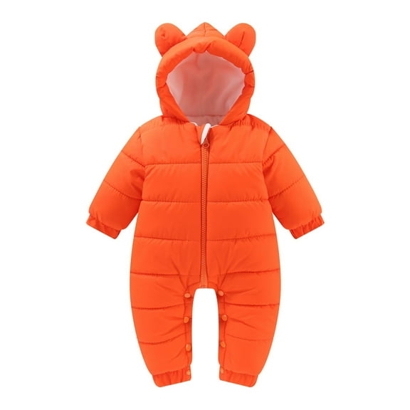 QUYUON Winter Snow Suits for Baby Thicken Warm Hooded Puffer Jacket Snowsuit Infant Baby Boy Girl Zip up Long Sleeve One-Piece Rompers Jumpsuits Snap Closure Orange 18 Months