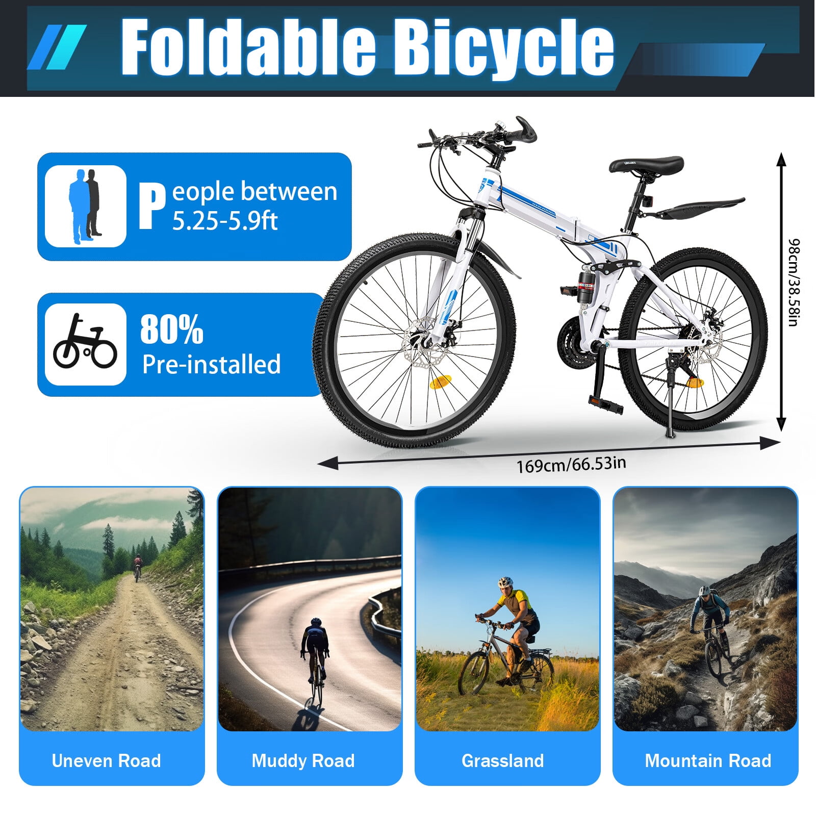 Aiqidi 26" Mountain Folding Bike with 21-Speed Gears Dual-Disc Brake Unisex Adult Mountain Bicycle Adjustable for Riding Traveling
