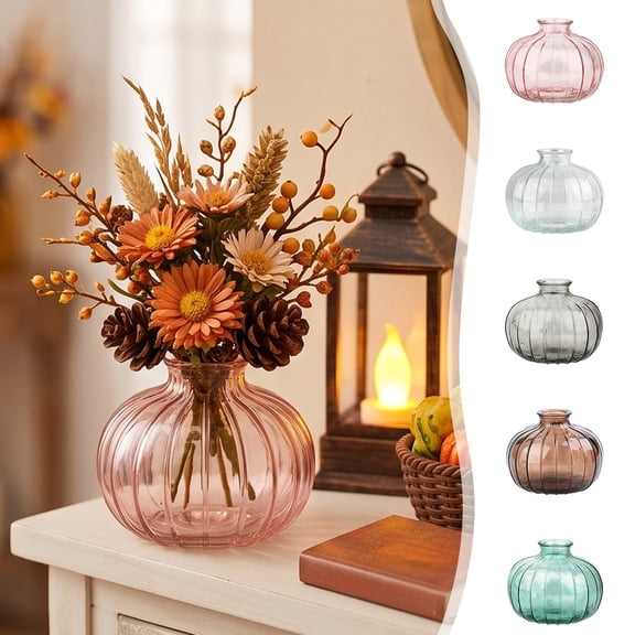 JeashCHAT Pumpkin Shaped Glass Vase, Striped Flower Vase, Decorative Clear Glass Vase for Fall Thanksgiving Table Centerpiece Home Shelf Floral Arrangement Decor, 1.97"x3.15"