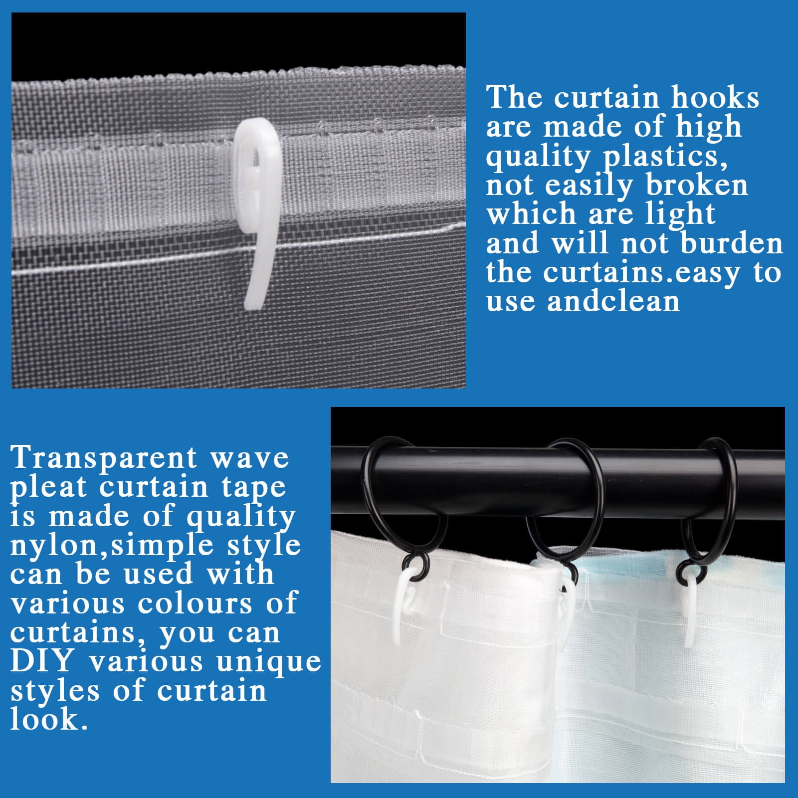 Transparent Wave Pleat Curtain Tape -10Yards/100 Hooks White Nylon Drapery Header Tape for Curtain DIY and Ripple Fold Zocang