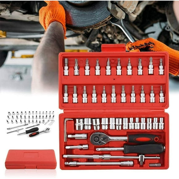 46 Pcs Ensemble d'Outils de Réparation, Kit de Clé à Cliquet 1-4 Pouces Combinaison de Réparation Auto Portable Ensemble d'Outils Mixtes avec Boîte à Outils en Plastique, Étui de Rangement, Adapté aux Vélos