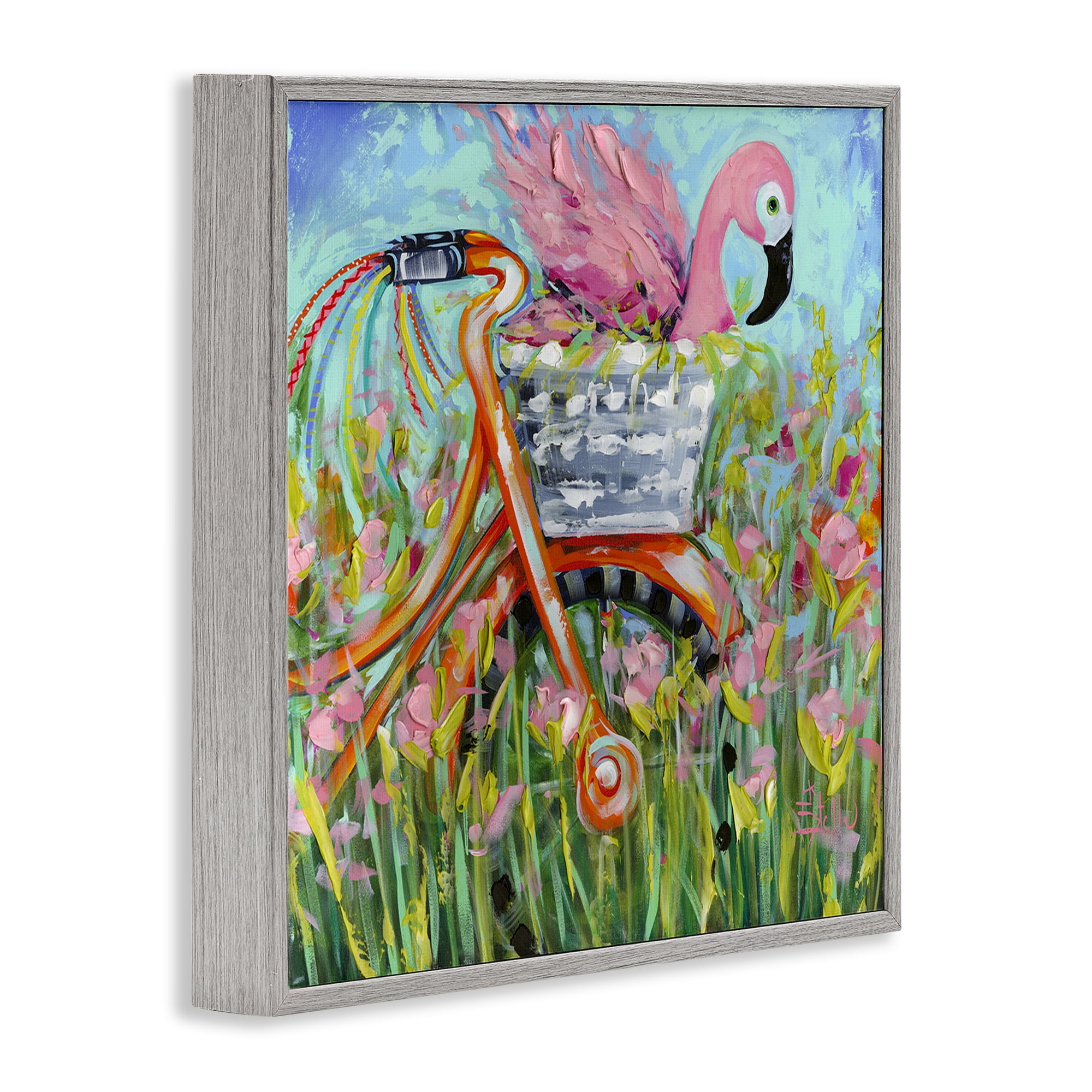 Stupell Industries Flamingo's Free Bicycle Ride Gray Framed Giclee Art, design by Estelle Grengs