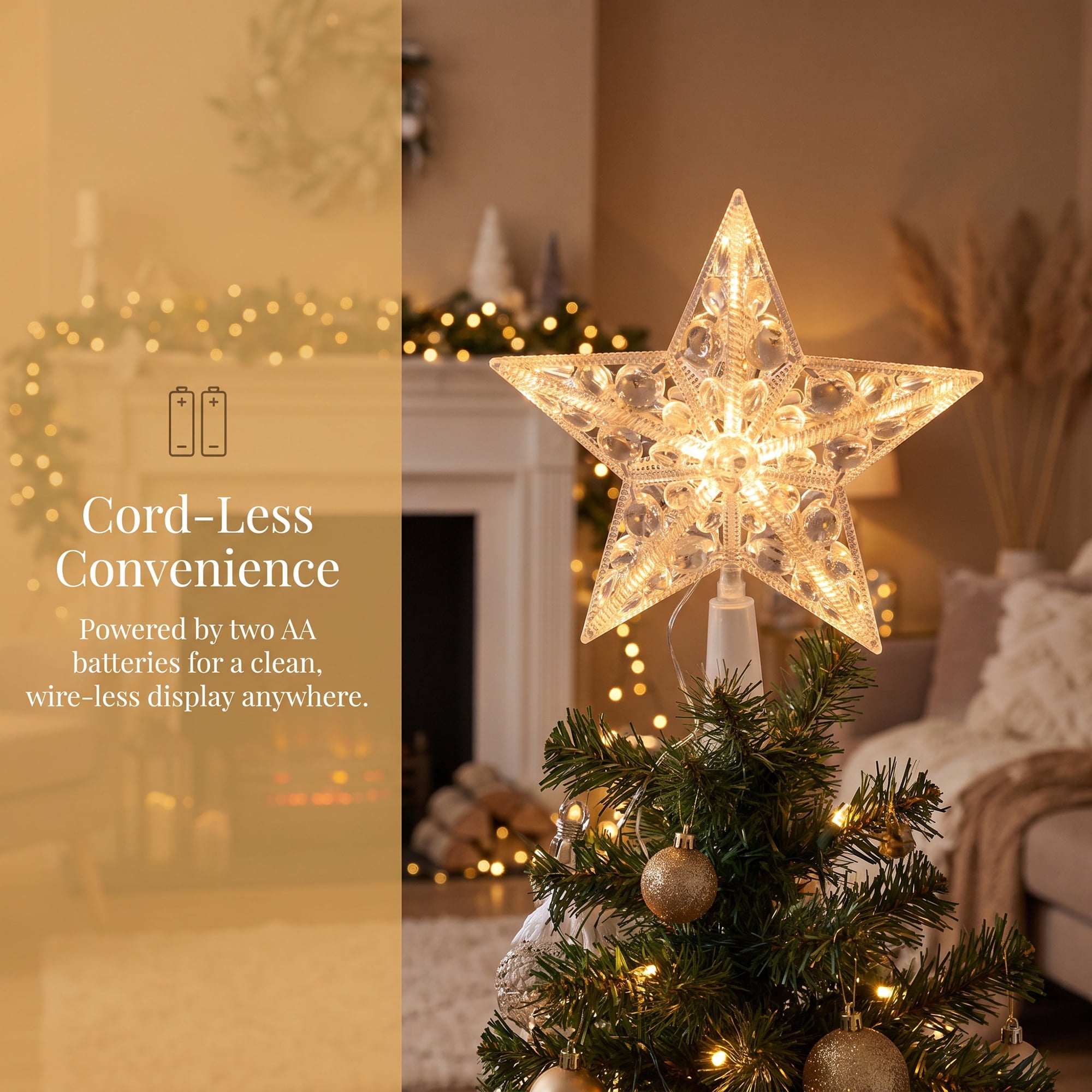 Unique Bargains Tree Finial Battery Operated Spring Mount Star White Lights 7.9"