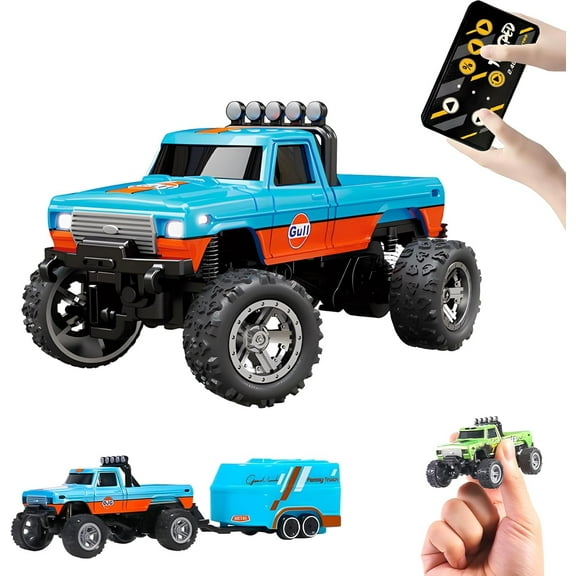 Mini Rc Monster Truck, 1:64 Scale Monster Truck Remote Control Car with Lights, 2.4Ghz Remote Control, Mini Alloy Monster Truck Rc, Speed/Steering Adjustable (Blue)