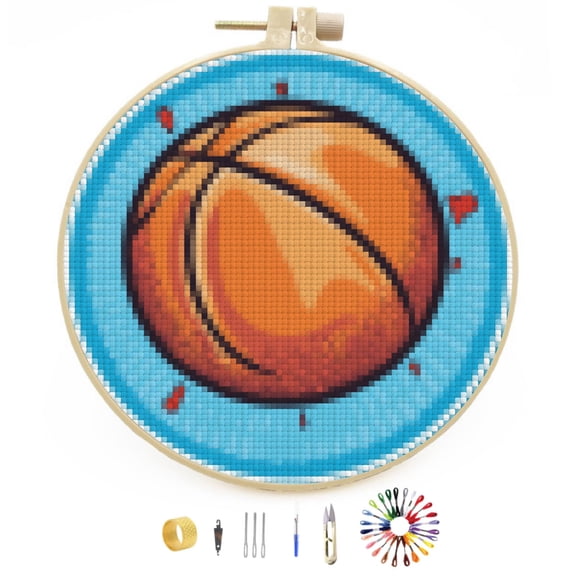 Cartoon Basketball Easy Stamped Cross Stitch Kits for Beginners with Hoop Simple Patterns 11CT Counted Embroidery Needlepoint Crafts Arts for DIY Enthusiasts and Home Decor 26x26cm(3)
