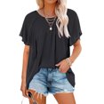 thumbnail image 1 of Camiseta de mujer con cuello redondo, ligera, transpirable, holgada, informal, fluida, arrugada, delantera, manga corta, camiseta para verano para mujer, negro, L, 1 of 4