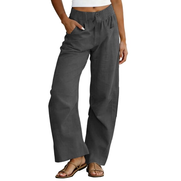 hlysgo Wide Leg Linen Pants for Women High Waisted Palazzo Pants Boho Summer Casual Loose Flowy Pant Trousers with Pockets Dark Gray,S