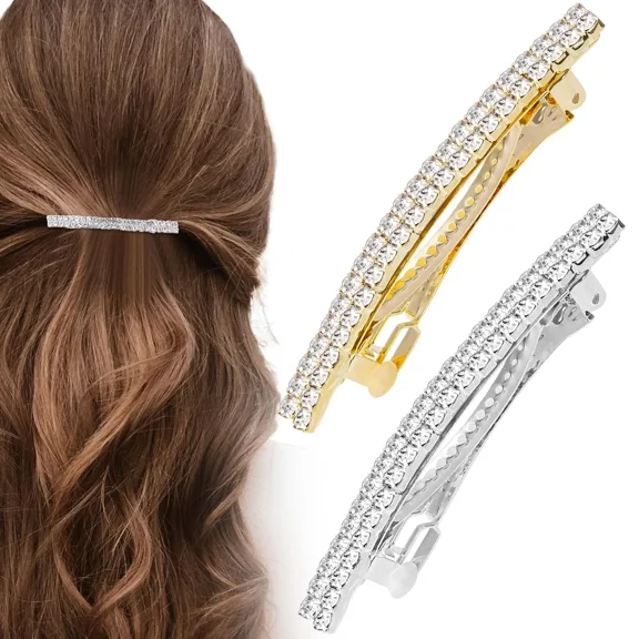 2Pcs Sparkly Rhinestone Hair Clips, 2.4 inch Gold Silver Crystal Barrettes Thick Long Hair Metal Wedding Prom Halloween French Hair Accessories for Women